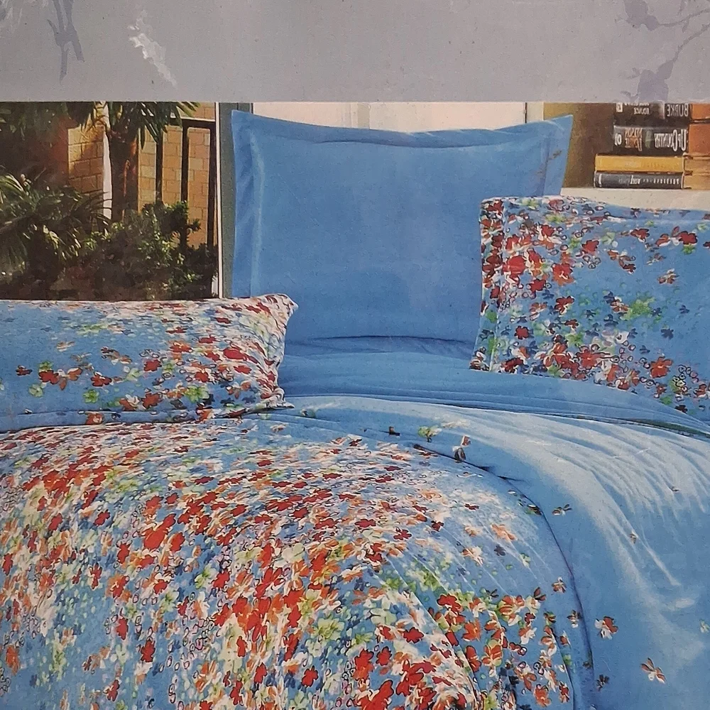 Sky Blue Floral Comforter Set with Multi-Color Accent